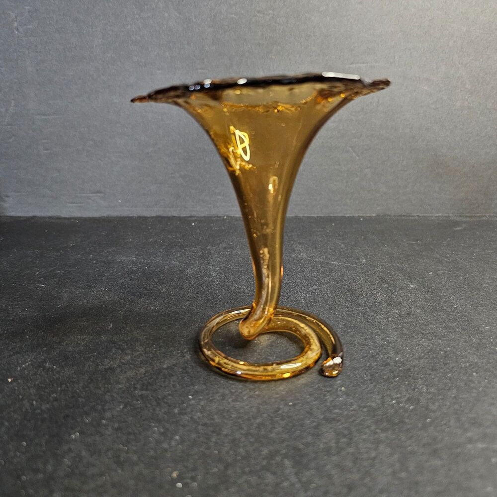 Vintage Hand Blown Trumpet Bud Vase Amber Art Glass Small Flower Vase 4" x 4.5"